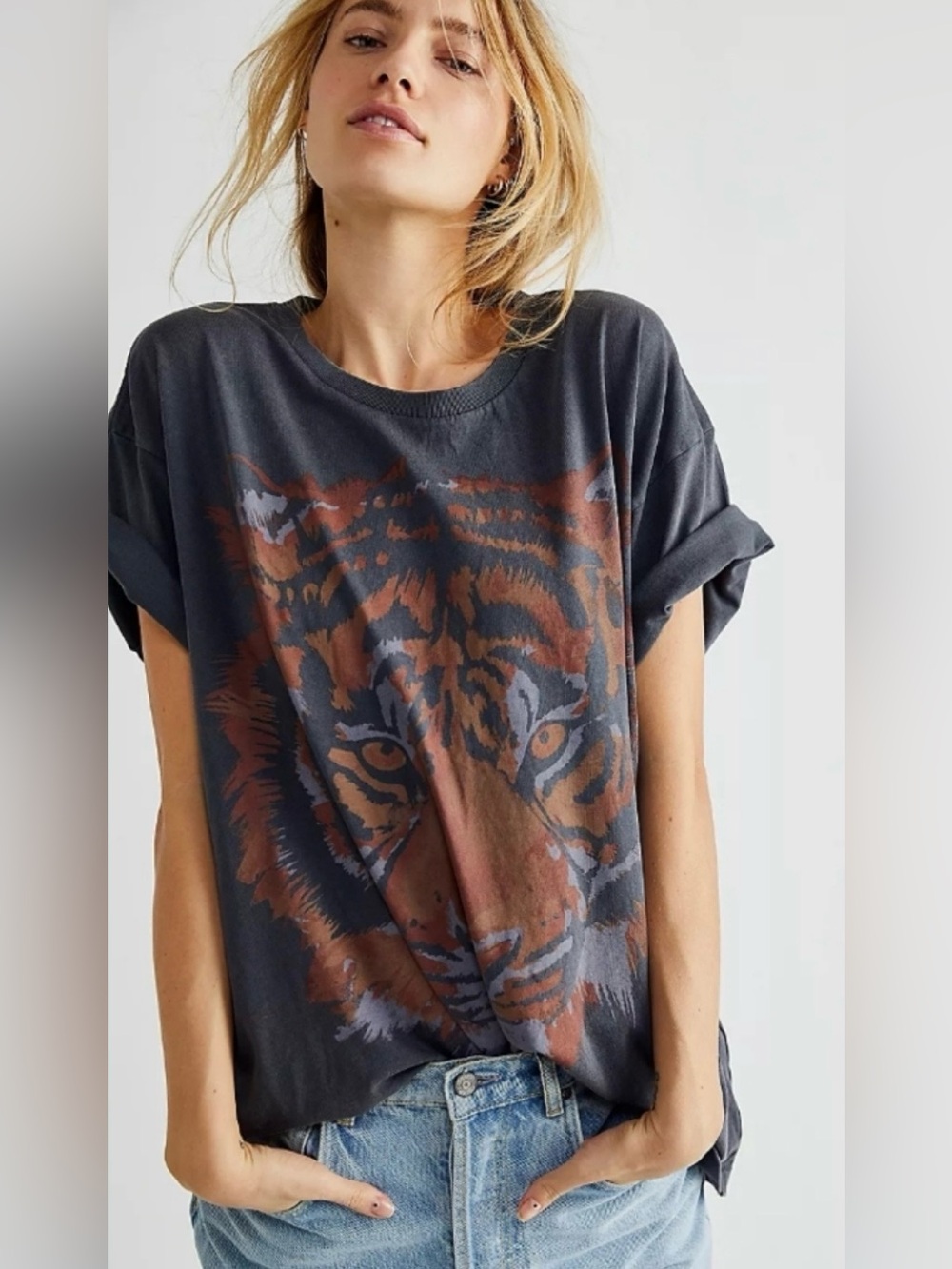 New Free People x Wrangler Oversized Tiger Tee Short Sleeve Black Small